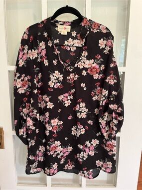 Wishful Park Black Floral V-Neck Tunic with Pink Blossoms
